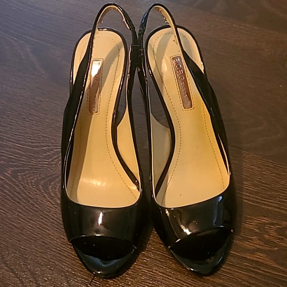🎀BCBGeneration Black Strappy Peep-Toe Stillettos